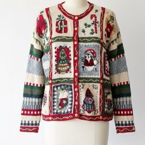 Vintage 90s Carly St. Claire Patchwork Knit Embroidered Christmas Cardigan XL